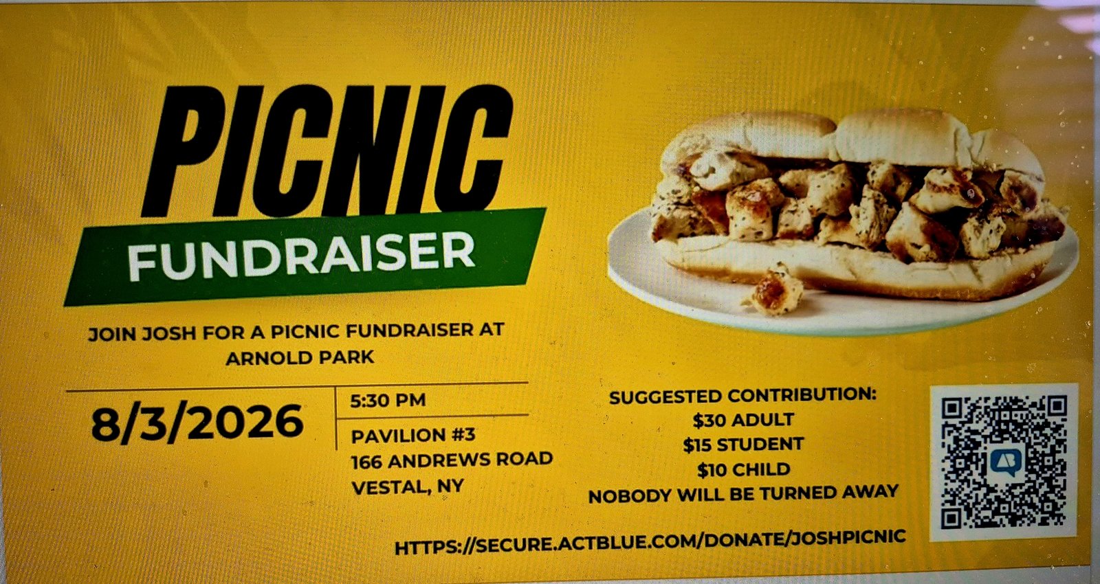 Josh Shapiro Picnic Fundraiser flyer — Join Josh for a picnic fundraiser at Arnold Park. 8/3/2026 at 5:30 PM, Pavilion #3, 166 Andrews Road, Vestal, NY. Suggested contribution: $30 adult, $15 student, $10 child. Nobody will be turned away. Contribute at secure.actblue.com/donate/joshpicnic.