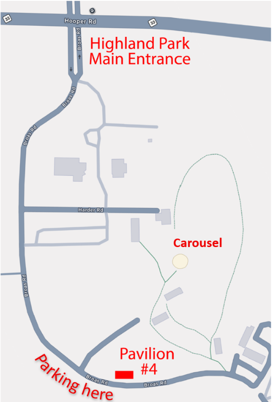 Map of Highland Park in Endwell. Main entrance is at Hooper Rd and Broas Rd at the top. Pavilion #4 is along Broas Rd at the south end of the park, with parking immediately adjacent on Broas Rd. The carousel sits in the middle of the park between the entrance and the pavilion.